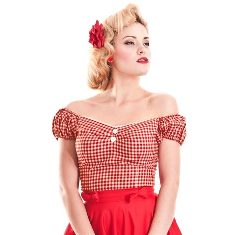 15 Summer Women 50s Gingham Sweetheart Neckline Off Shoulder Dolores Tops In Red Pinup Vintage