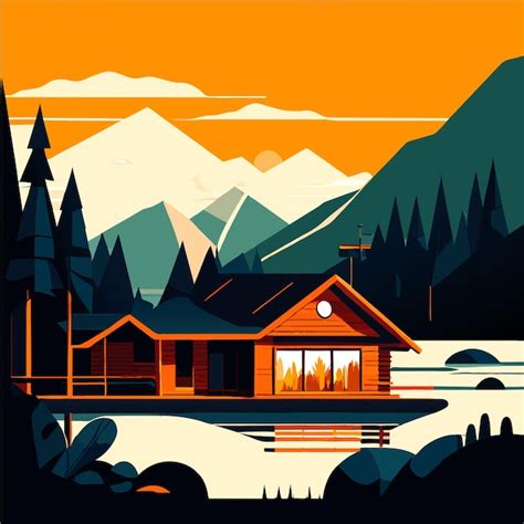 Premium Vector Mountain Lake Cabin In Forest Nature Landscape