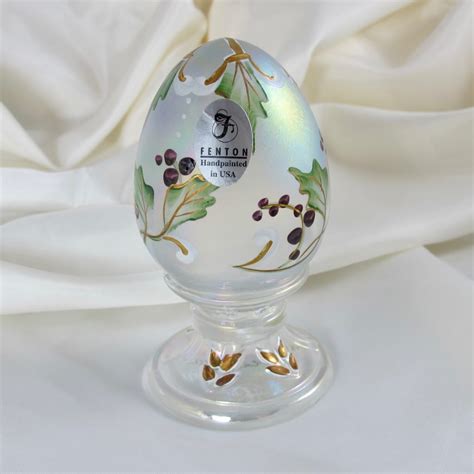 Fenton White Painted Holly Carnival Glass Egg Paperweight Carnival Glass
