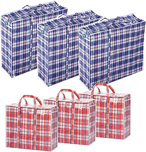 Set Of 6 Large And Jumbo Plastic Checkered Laundry Bags With Zipper And