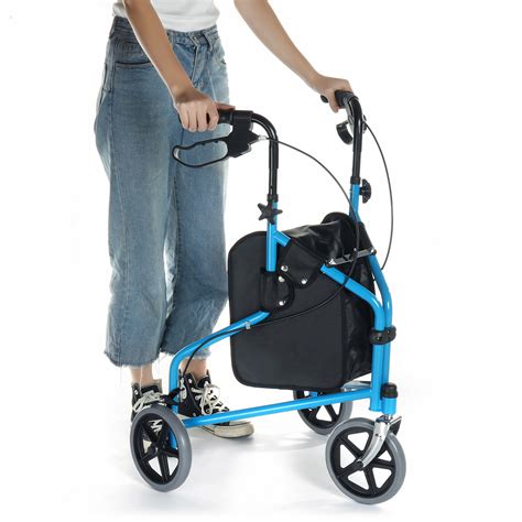 Blue Foldable Elderly Mobility Rollator 3 Wheeled Walking Frame