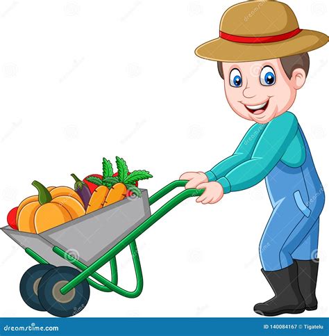 Farming Man Pushing Wheelbarrow Vector Illustration