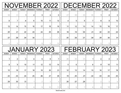 November 2022 To February 2023 Calendar Template Printable Print Now