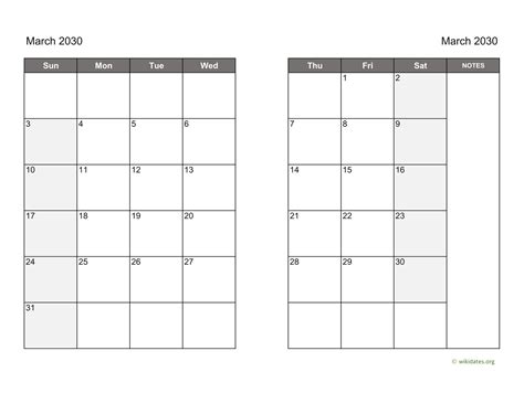 March 2030 Calendar On Two Pages
