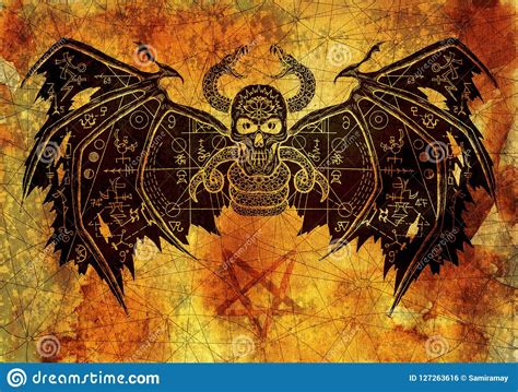 Scary Demon With Evil Symbols On Wings Against Old Paper Background