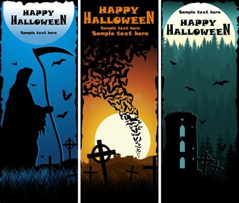 Vector Scary Halloween Banners Med Grim Reaper Bats And Tower I