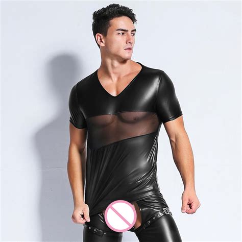Aliexpress Com Buy Sexy Men Patchwork Gothic Mesh Pu Faux Leather T Shirt Punk V Neck Shiny T