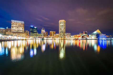 The Inner Harbor Skyline At Night In Baltimore Maryland