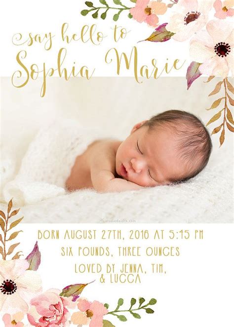 Girl Birth Announcement Watercolor Flower Boho Pink Photo Card 666