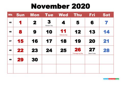 Printable November 2020 Calendar With Holidays Word Pdf