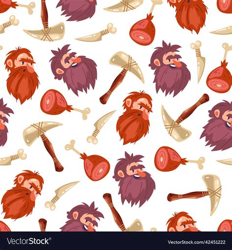 Caveman With Meat Food And Weapon Seamless Pattern