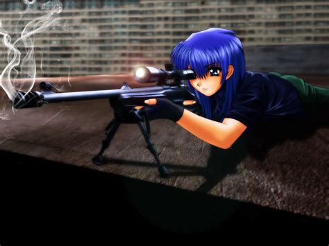 Blue Hair Sniper Rifles Lying Down Anime Girls 1600x1200