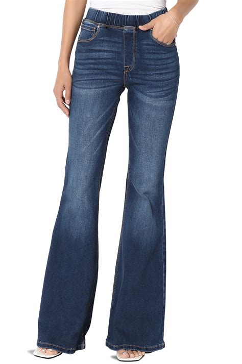 themogan women s s~3x elastic waist high rise stretch denim long flare leg jeans
