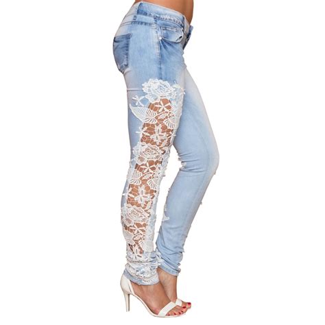 Buy Women Skinny Lace Jeans Pants Floral Splice Crochet Stretch Denim Jeans