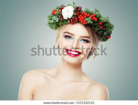 Happy Woman Christmas Garland Smiling On Stock Photo 1551102125