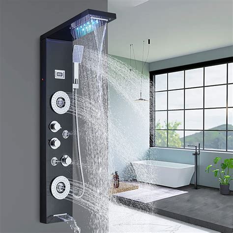 Fcoteeu Multi Function Shower Panel With Temperature Displayled Rainfall Waterfall Shower Head