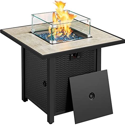 Yaheetech 30 Inch Outdoor Propane Fire Pit Table With Glass Wind Guard And Ceramic Tabletop