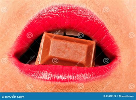 Woman With Red Lips Biting A Chocolate Stock Image Image Of Model
