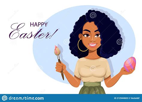 Happy Easter African American Woman Painting Egg Stock Vector