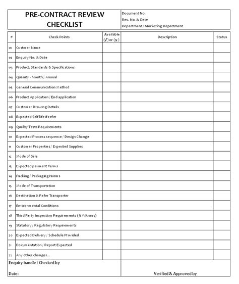Collection of most popular forms in a given sphere. Pre-contract Review Checklist Format