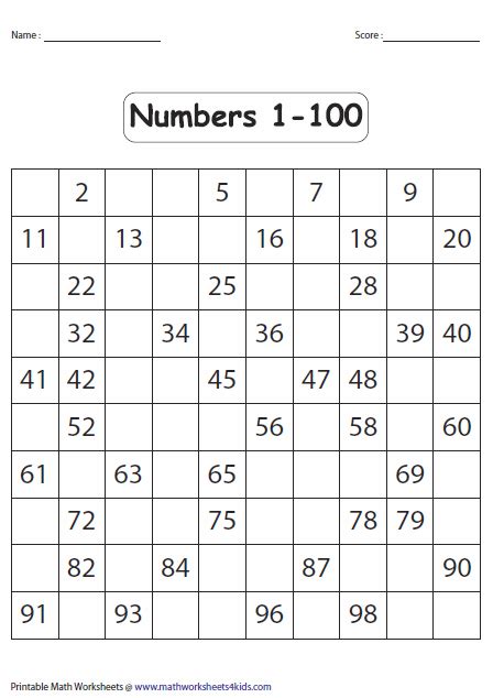 Fill In The Blank Number Chart To 100