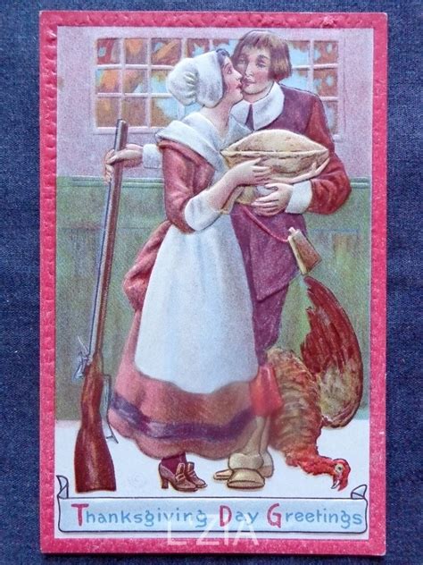 Vintage Thanksgiving Postcard Pilgrim Couple Kissing Holding Pie Dead Turkey Ebay