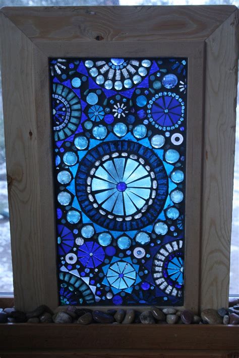 Glass Mosaic Window Panel Abstract Blue Circles On Self Standing Frame Mosaic Glass Stained