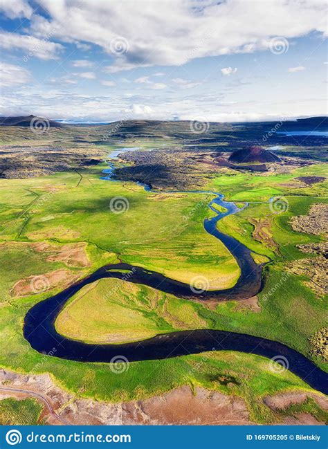 Iceland Aerial View On The Mountain Field And River Landscape In The