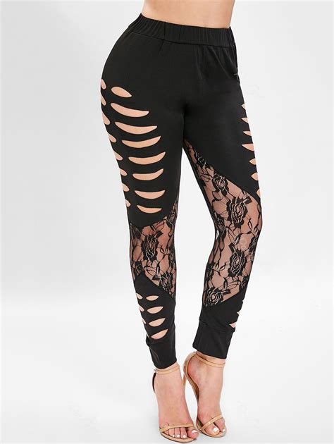 Off Ripped Lace Insert Plus Size Leggings Rosegal