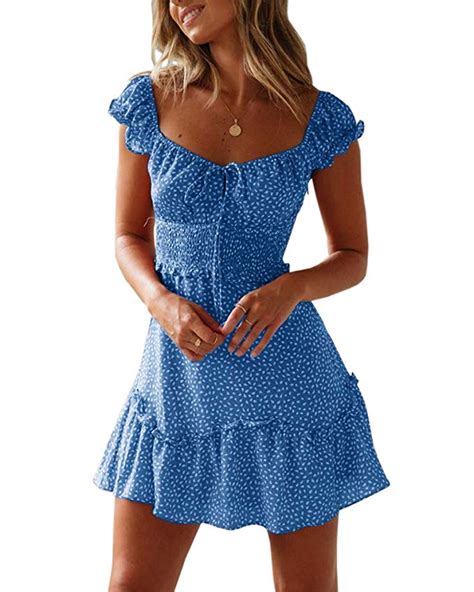 Yobecho Womens Summer Ruffle Sleeve Sweetheart Neckline Printing Dress