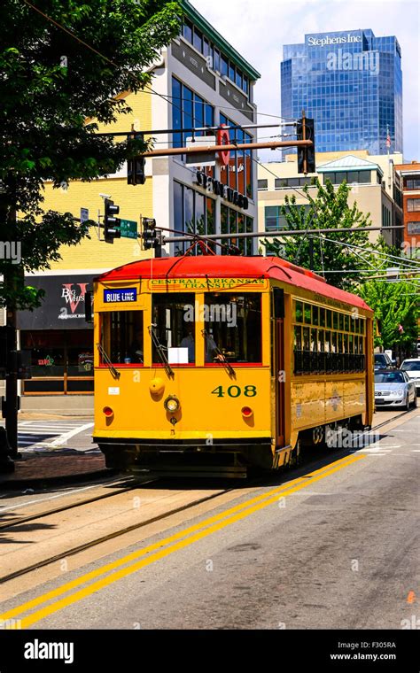 Bright Yellow City Trams In Downtown Little Rock Arkansas Stock Photo