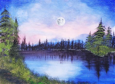 My Attempt At A Bob Ross Painting I Decided To Add A Moon And Some Stars
