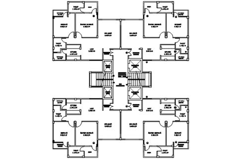 Autocad Drawing Of 2bhk Housing Flats Ground Floor Plan Of 4 Unit