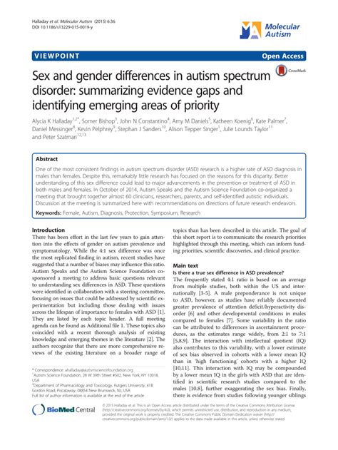 Pdf Sex And Gender Differences In Autism Spectrum Disorder Summarizing Evidence Gaps And