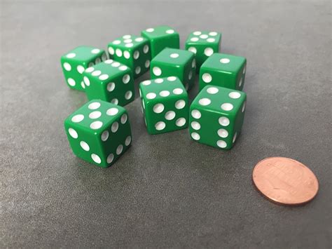 Set Of 10 Six Sided D6 16mm Standard Dice Die Green With White Pips