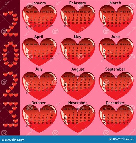 Calendario Elegante Con Corazones Rojos Para 2023 Ilustración Del