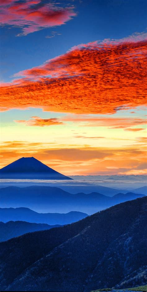Download 1440x2960 Wallpaper Mount Fuji Clouds Sunset Panaromic
