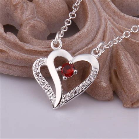 wholesale double heart pendant necklace red gemstone sterling silver necklace stsn403 fashion