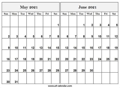 May And June Calendar 2021 Month Calendar Printable