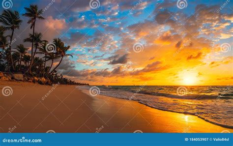 Sunrise Tropical Beach On Punta Cana Dominican Republic Island Stock