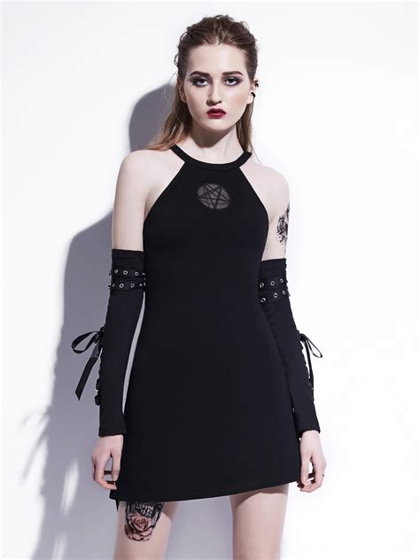 Gothic Mini Dress Pentagram Embroidery Black Fashion Women Autumn Sexy Casual Dress Party Club A