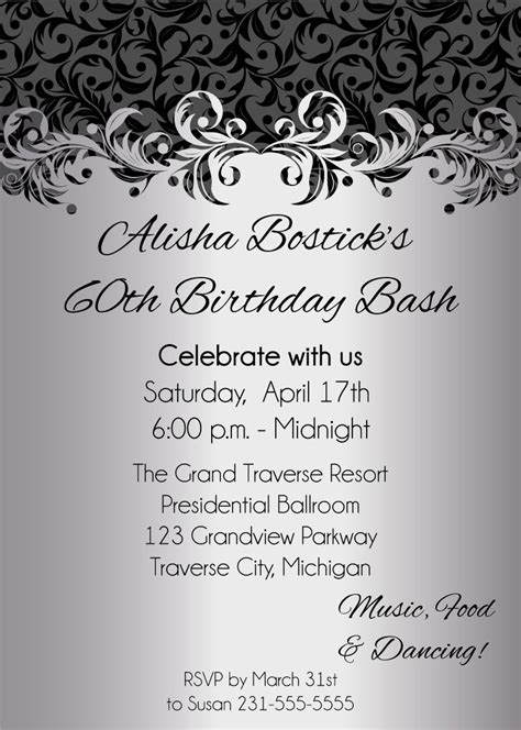 Silver Ornate Adult Birthday Party Invitations Printable Digital