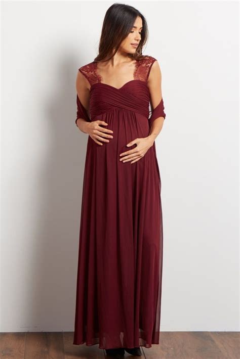 a chiffon maternity evening gown lace accent on sleeves and back pleated cinched bust doubl