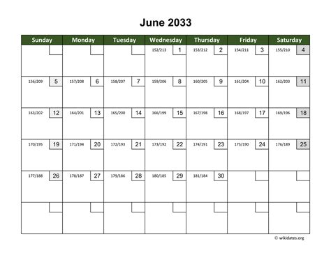 June 2033 Calendar With Day Numbers