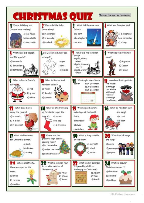 Provide pens for players to mark their answers and have a timer to keep time. Christmas Quiz worksheet - Free ESL printable worksheets ...