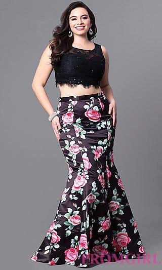 long plus size two piece prom dress with print skirt at plus size prom dresses