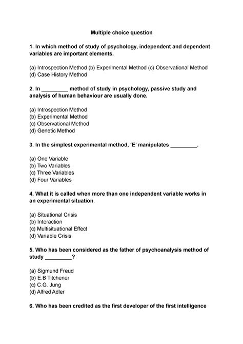 10 Mcq Psychology Multiple Choice Question 1 In Which Method Of