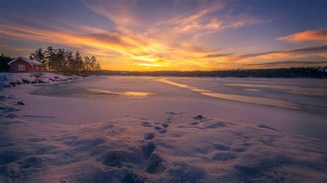 Winter Snow Seashore During Sunset Hd Nature Wallpapers Hd Wallpapers