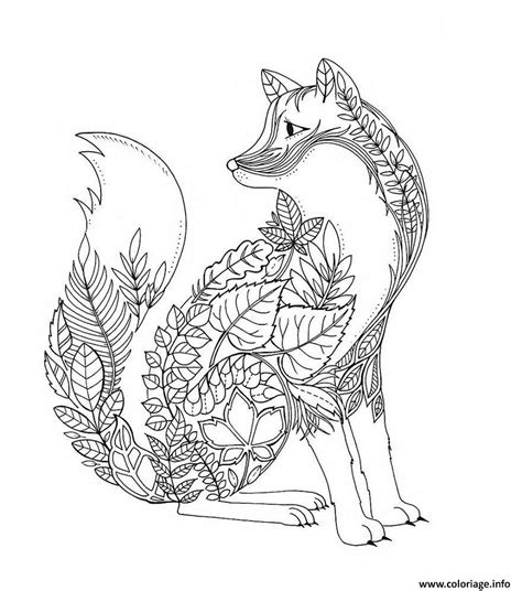 Coloriage renard en forme de feuilles et vegetations foret adulte