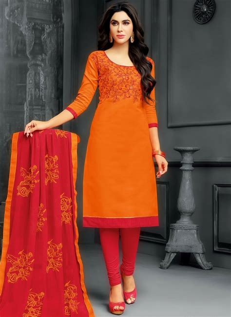 Amazing Orange Embroidered Work Cotton Churidar Suit Chudidar Designs